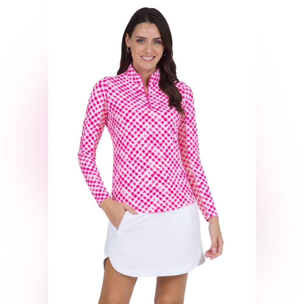 Ibkul S pink white top athletic long sleeve partial mesh V neck zipper golf